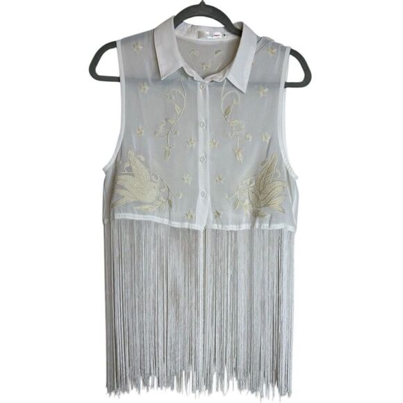 Miltau White Sleeveless Floral Collar Fringe Blouse Boho Western Trend Sz Small - Picture 1 of 6